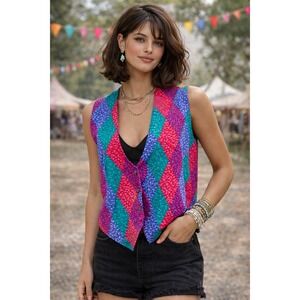 Jeremy Womens Geometric Diamond Print Vest Silk Black Lined V-Neck Sleeveless M